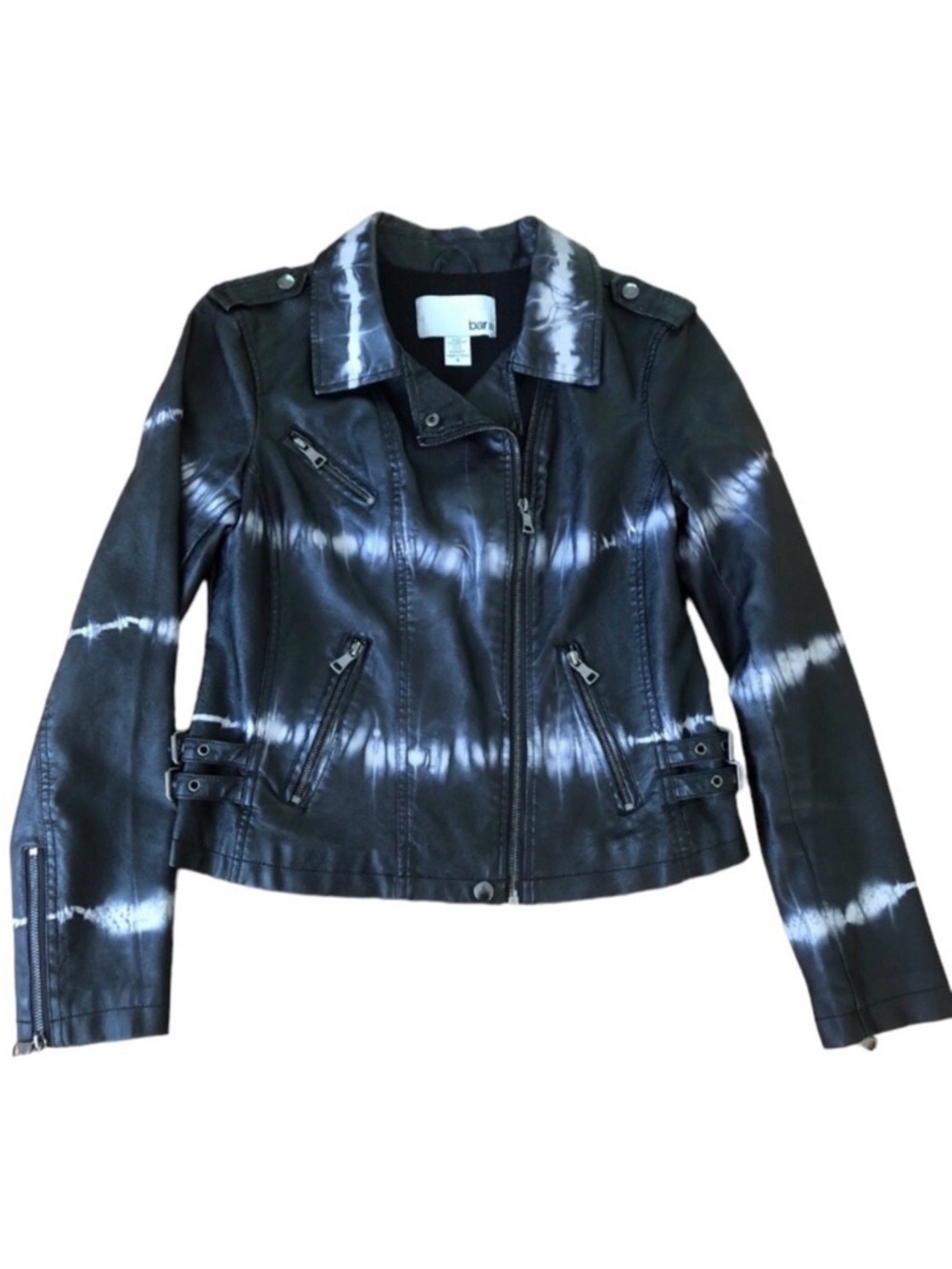 Bar III Black Gray Faux Leather Moto Jacket Tie-Dye Pattern Zipped Pockets